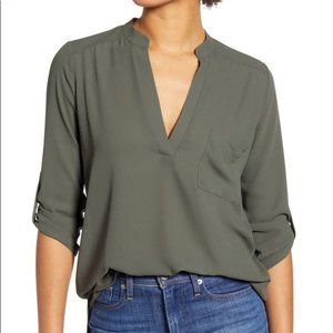 Lush Green Split Neck Roll Sleeve Blouse